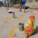 A photograph taken in April 2020 shows bags and utensils placed by migrant workers outside a school in Delhi where the government was distributing rations during the coronavirus lockdown.